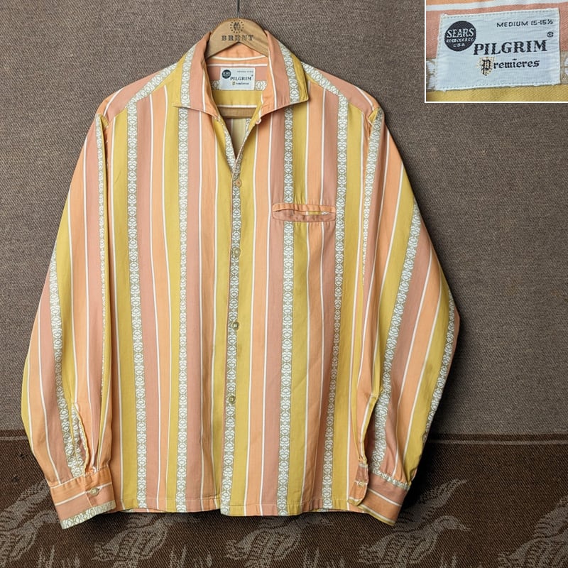 60s SEARS PILGRIM Premieres Italian-Collar Cotton Box Shirt （M ...