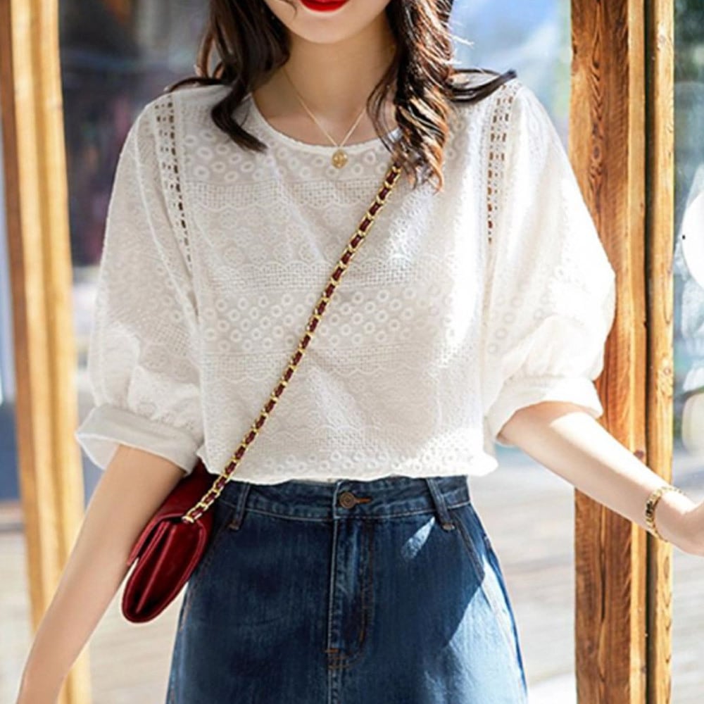 レース ブラウス レディース 春夏秋 韓国 パフスリーブ トップス 大人 かわいい きれいめ おしゃれ 花柄 刺繍 ホワイト 白 大人可愛い 大人女子