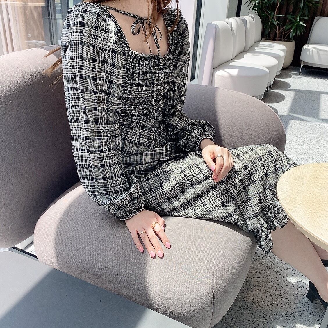 Check puffsleeve onepiece /black (即納商品)