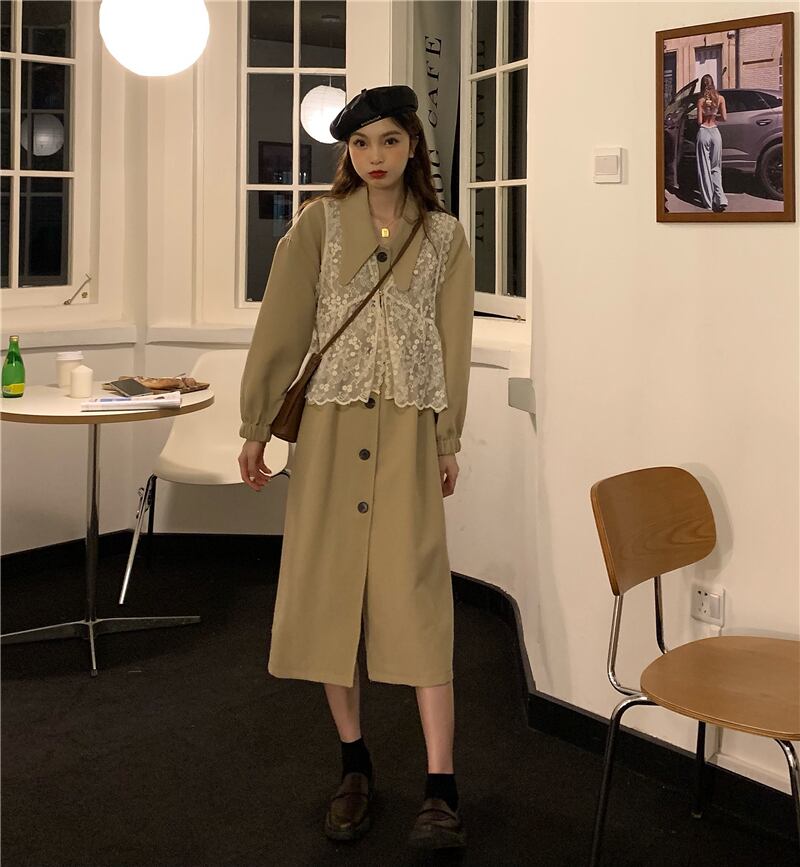 スタンダードスタイルオータムレースシャツ ロングコート ジャケット レトロ 秋物 モンロー24494690156