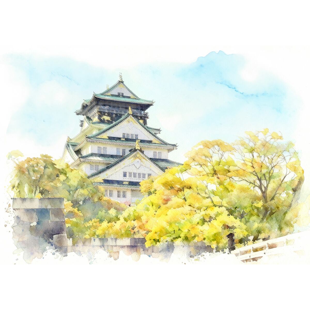 絵画 風景画 日本の城 大阪城 インテリアアート額付き 水彩画・油絵風 WAT0988