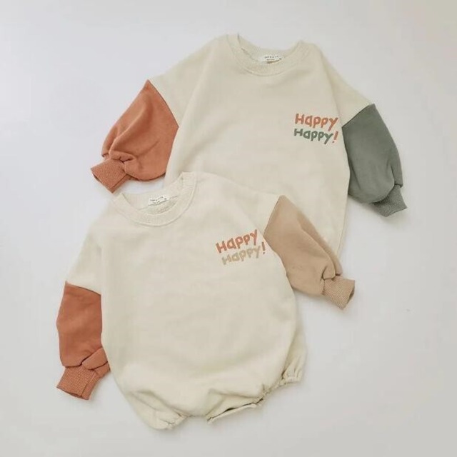 66-90cm｜happyロンパース｜配色スリーブ