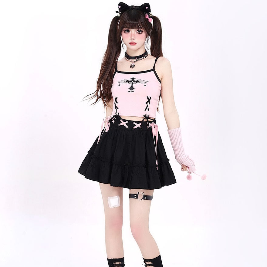 即納 キャミソール トップス 十字架 レースアップ リボン 闇かわいい