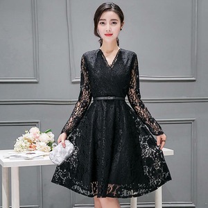 ★送料無料★11号（L）☆総レ－スVネックフレア－ワンピ－ス(OPN3384) 