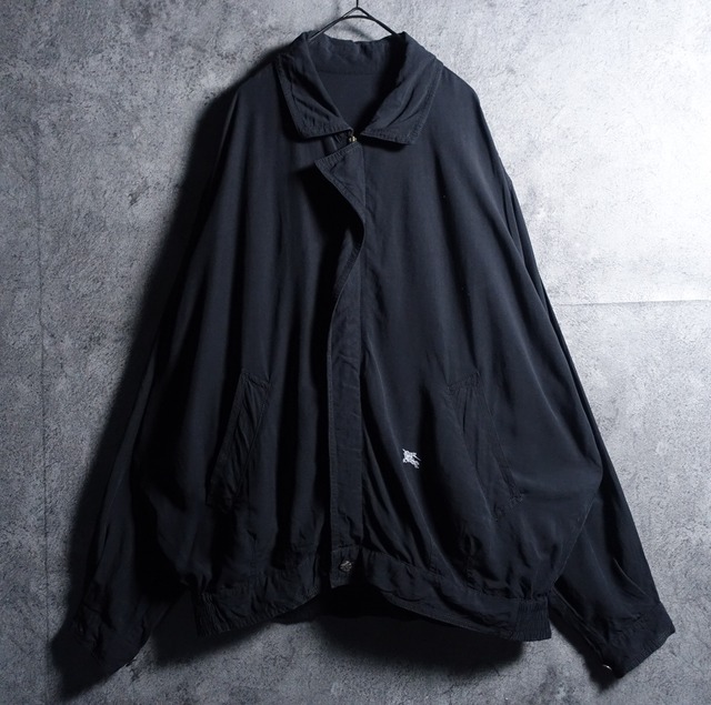 90s “Burberry” Black Logo Embroidered Design Rayon Swing Top Blouson