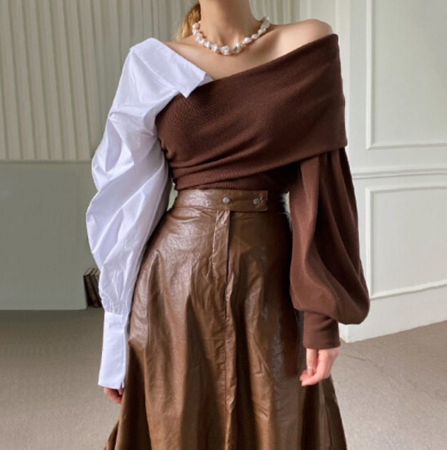 春秋新作 レディース トップス シャツ Vネック ベアトップ バルーン袖