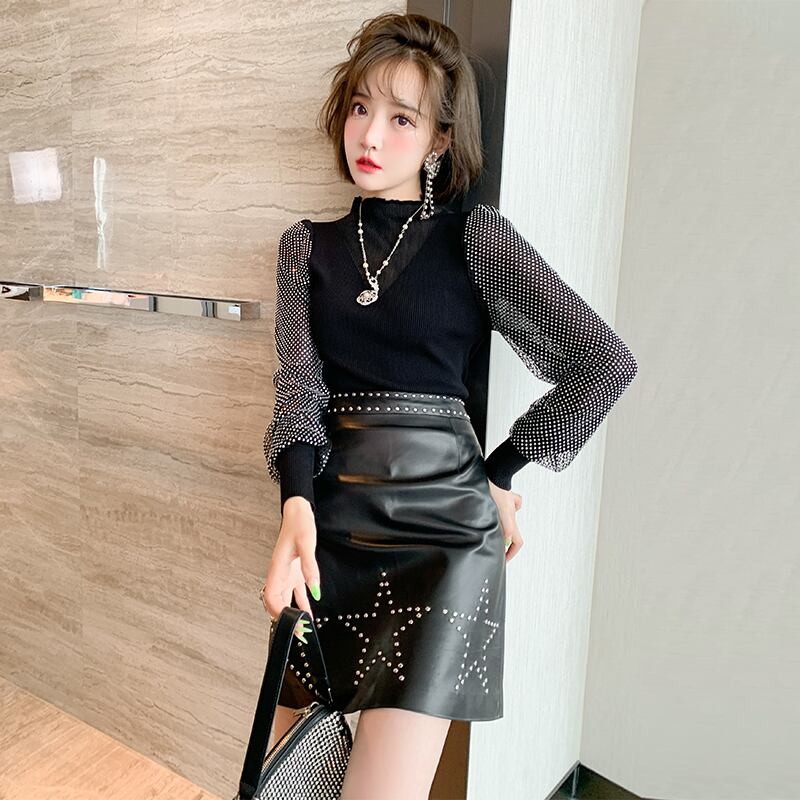 ラインストーンスリーブセーター ウェストスカート セット オータム 秋物 ステッチ MIUCO50381321462