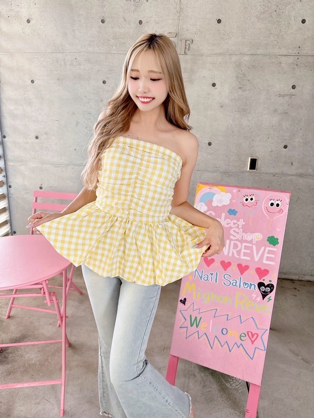 ペプラムバルーンチューブトップ/韓国/レディースファッション/可愛い/おしゃれ/ラフ/カジュアル/大人/女子/春/夏（3-373）