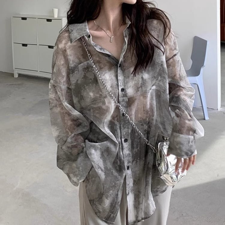 Retro Abstract Print Sheer Shirt*S-488