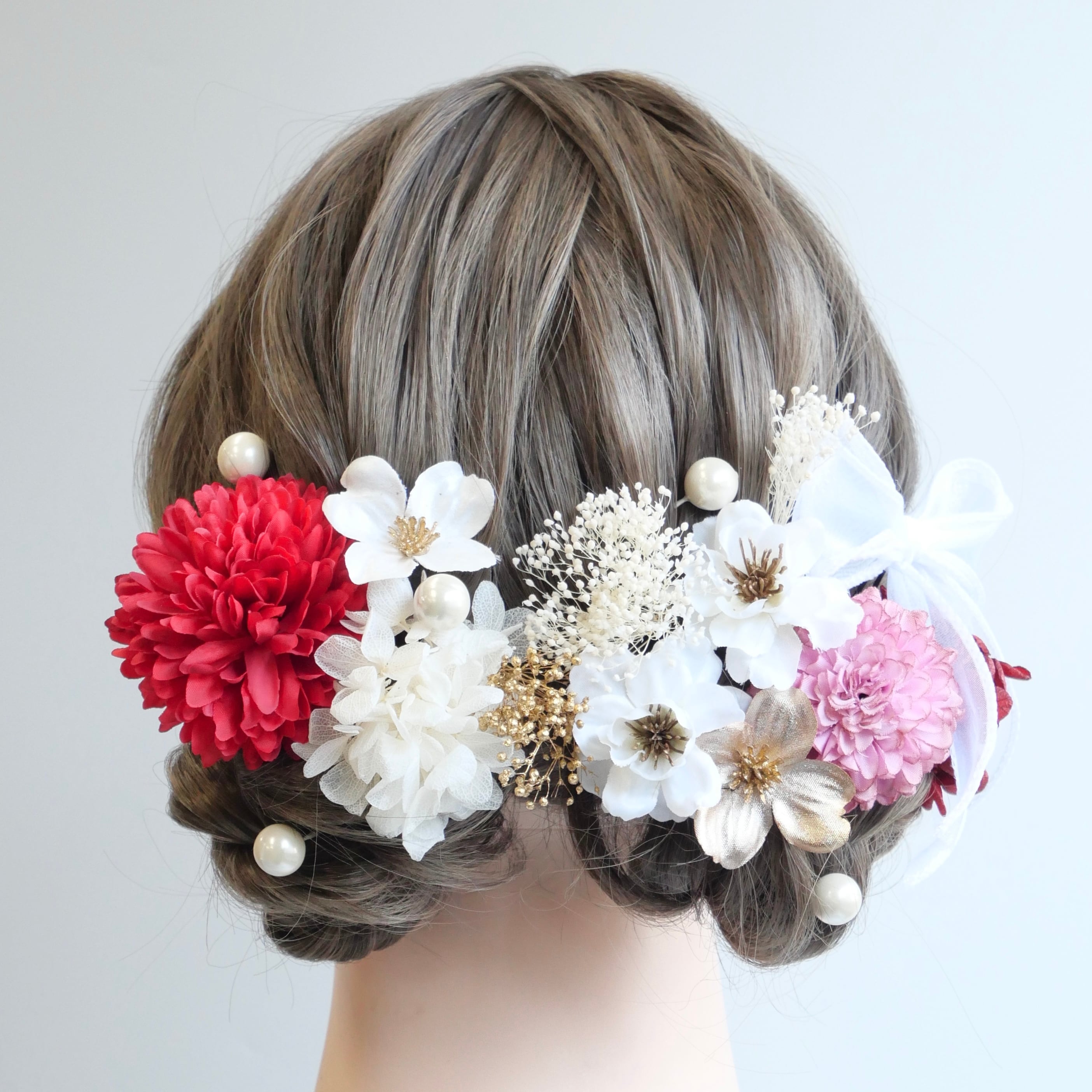 A316 桜とマムの髪飾り ドライフラワー 水引 白 ゴールド 赤 成人式 振袖 結婚式 卒業式