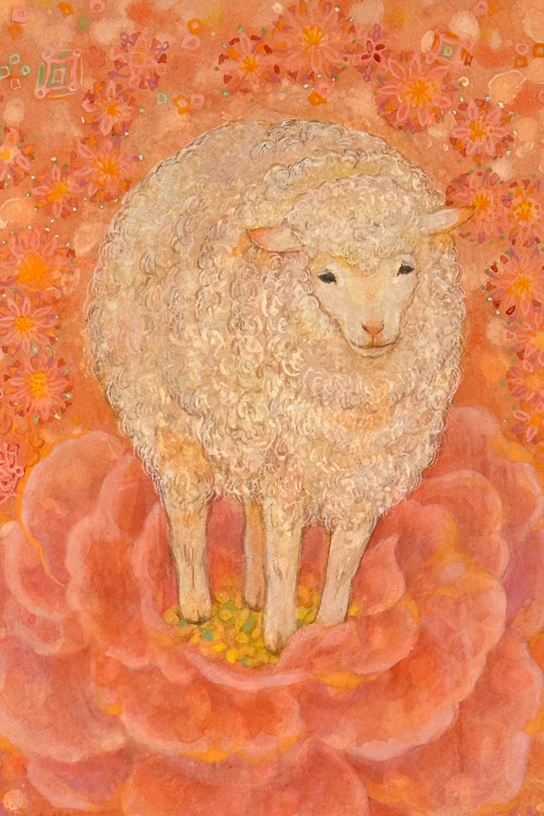 花の上にたたずむ《花羊》はなひつじ 原画 額装｜岩絵具・金泥 中井