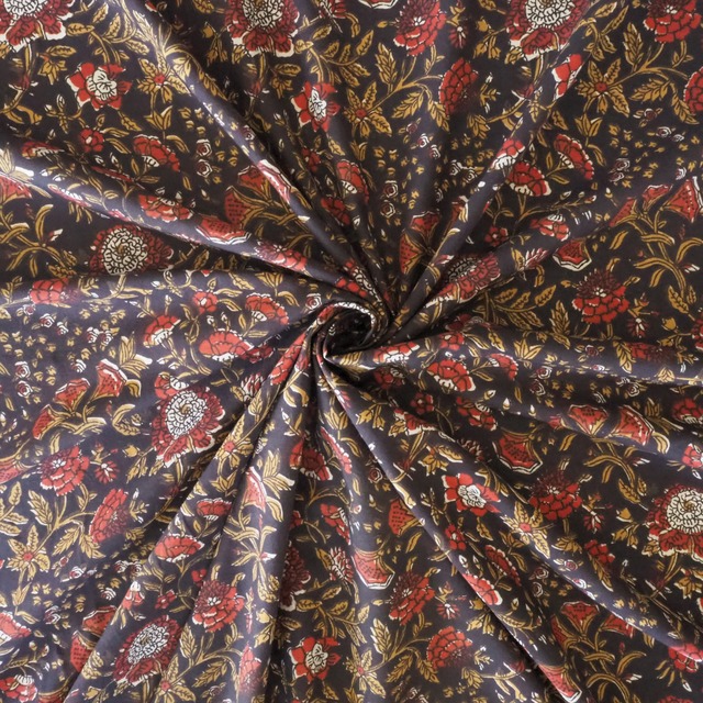 ブロックプリント生地【50cm単位】インド綿  花柄 黒×赤 #38210-BK1