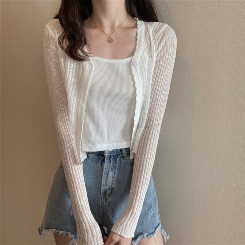 スプリングニット薄手ショートホワイトトップス カーディガン 春物 YY-ファッション15040422640