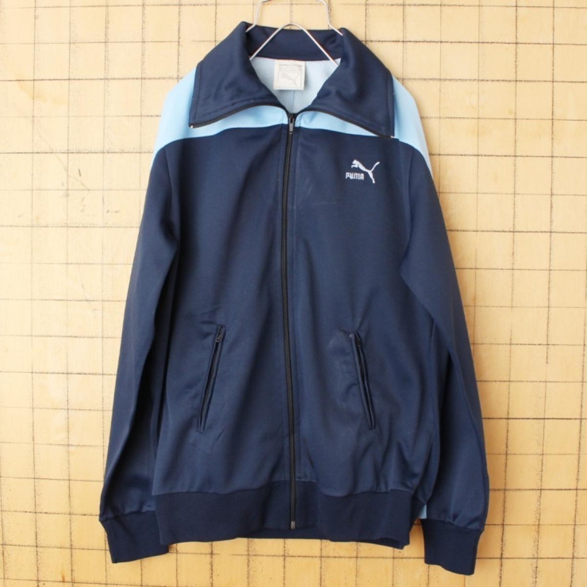70s フランス製 PUMA プーマ ジップアップ ジャージ トップ ネイビー 