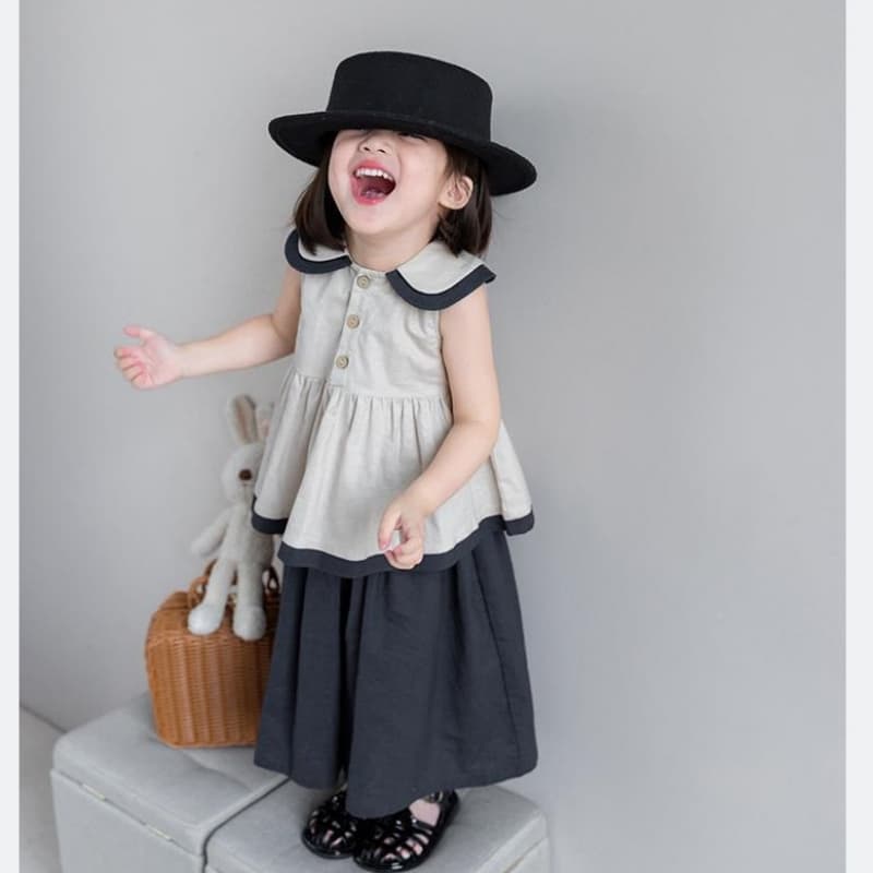 2025夏新作 女の子 フレンチ風 ドールカラー トップス×ワイドパンツ 2点セット 輸入子供服