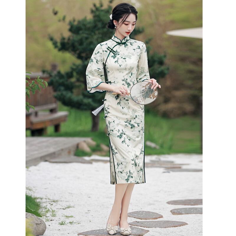 Ruyunシリーズ チャイナドレス 花柄ワンピース チャイナ風ワンピース 結婚式 グリーン 緑 S M L Xl 2xl 3xl Elegant