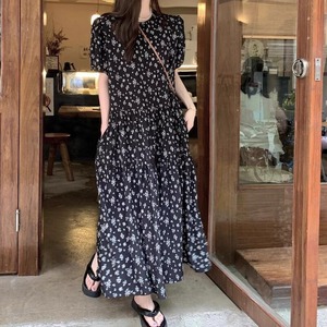 ラウンドネック花柄シフォンワンピース W00276