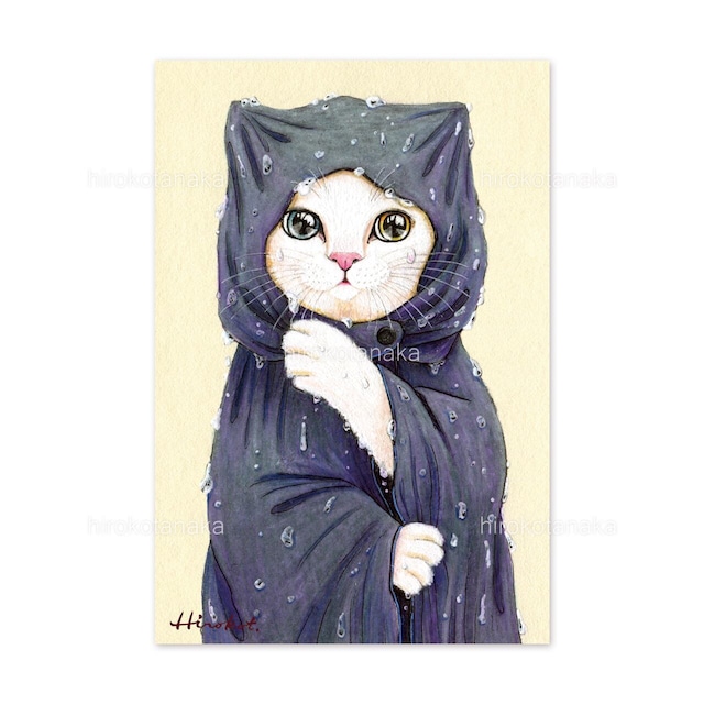 2.レインコートの白猫 ポストカード / The White Cat in a Raincoat Postcard