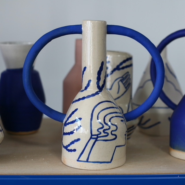 Sophie Alda "Extra large jug eared vase in cream and blue"