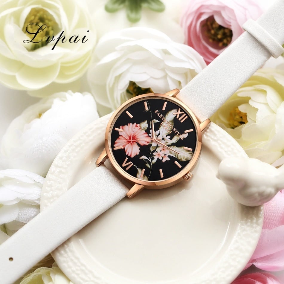 □レディース腕時計♪黒ダイヤルに色鮮やかなお花が映える!!キレイな ...