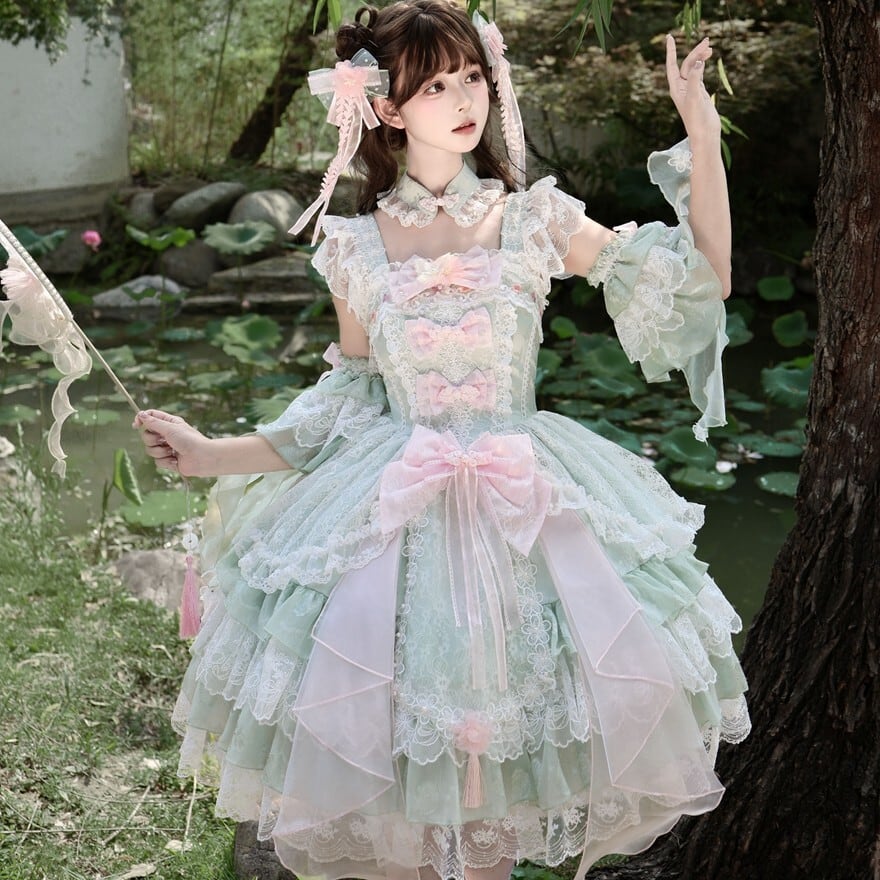 ロリータファッション 甘ロリ 若草色・ピンク・紫 レースリボン付け袖