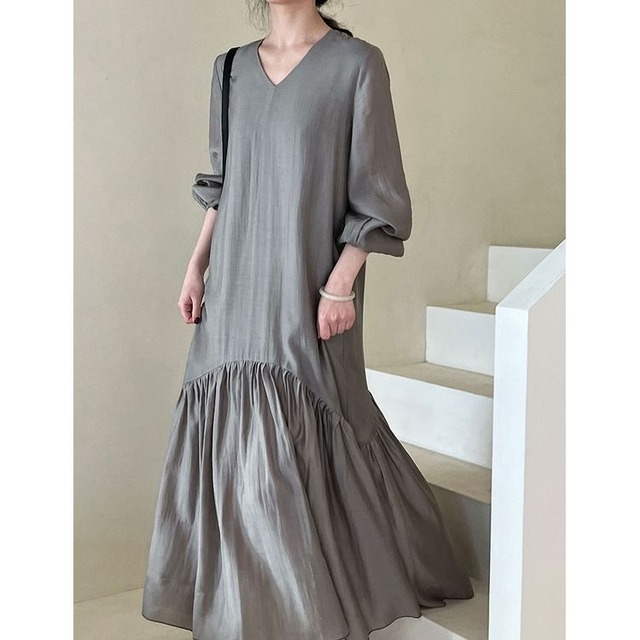 2color ランタンスリーブ フィッシュテール ワンピース 24211