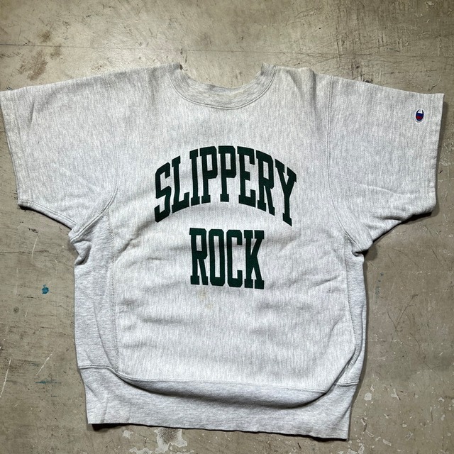 80's Champion チャンピオン リバースウィーブ S/Sスウェットシャツ  半袖 トリコタグ 染込みプリント SLIPPERY ROCK カレッジ Mサイズ USA製 希少 ヴィンテージ BA-2346 RM2765H