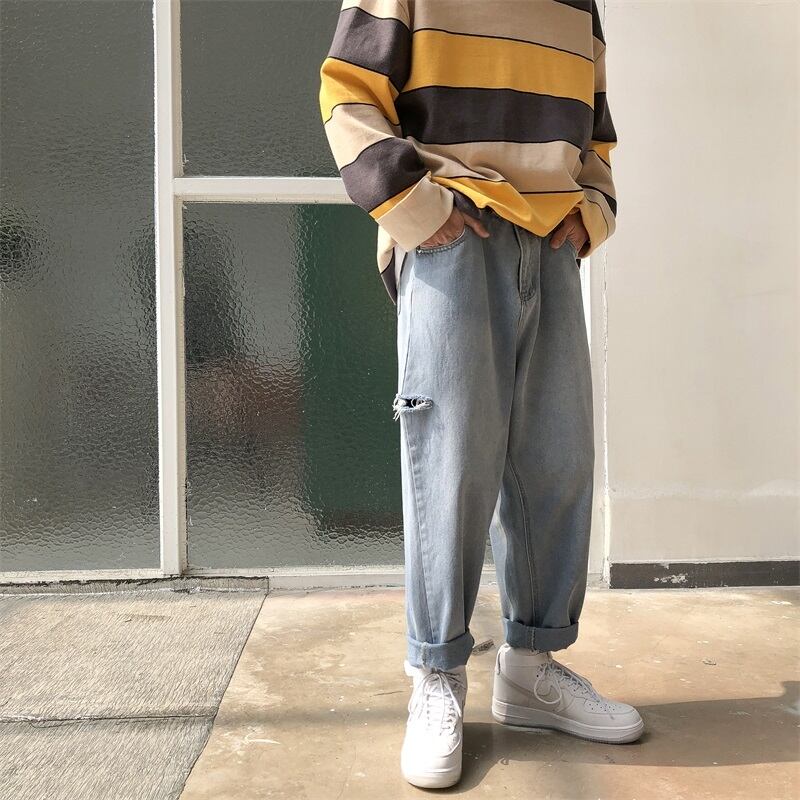 全1色 デニム パンツ ストレート カジュアル クラッシュ 無地