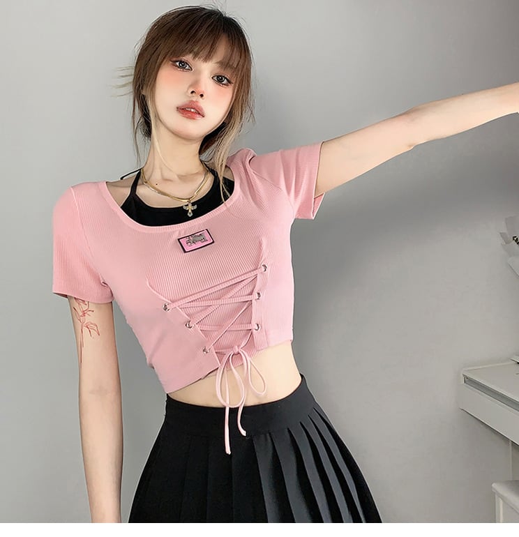 ゆっこりん CELINE ピンク クロップドTシャツ　サイズM ピンク】2025夏 新作♡ くびれ見せリボン付きクロップドTシャツ 甘辛