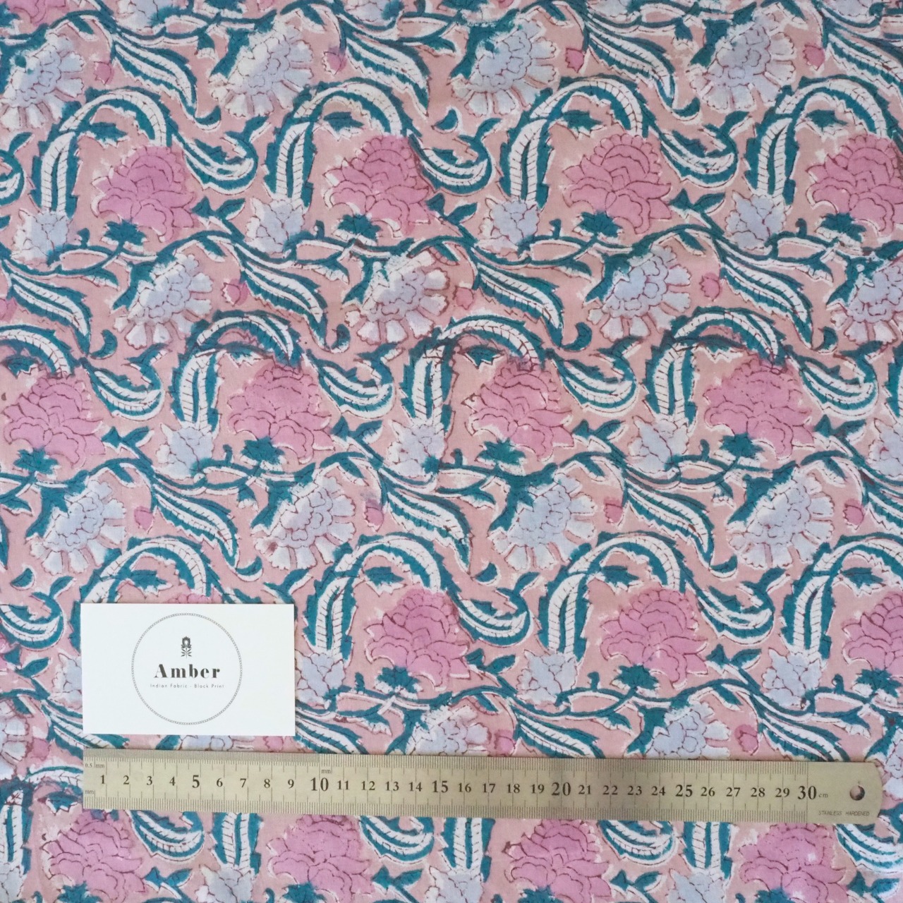 ブロックプリント生地【50cm単位】インド綿  花柄 くすみピンク×水色×グリーン #47410-PK1