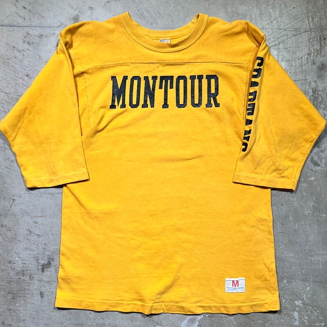 70's~ Chamopion チャンピオン フットボールTee カレッジ バータグ タタキタグ MONTOUR SPARTANS 袖プリント イエロー ブラック MEDIUM コットン100％ USA製 希少 ヴィンテージ BA-2229 RM2648H