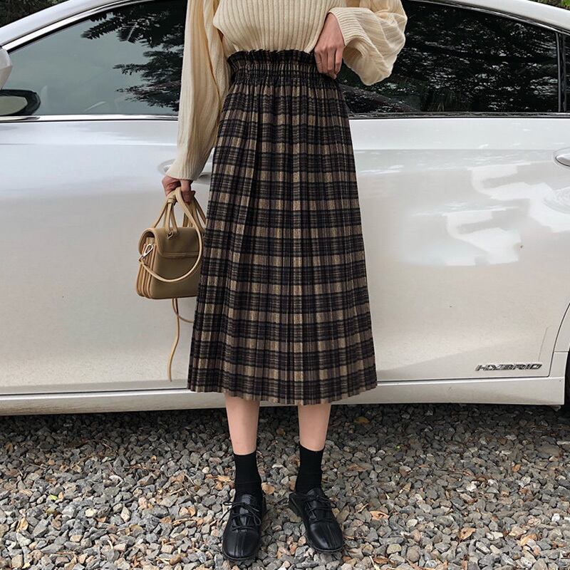 格子柄スカート オータムウィンターハイウェストウェストスリムAラインロングプリーツ 秋物 冬物 試着室85587330022