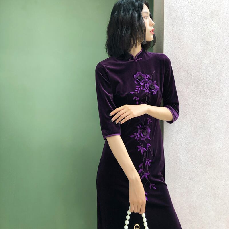 ベルベット 刺繍ドレス チャイナドレス ロングドレス ワンピース 五分袖 大きいサイズ M L Ll 3l 二次会 パープル 紫色 改良型ドレス 卒業式 七五三 リゾート お出かけ 母の日 Elegant