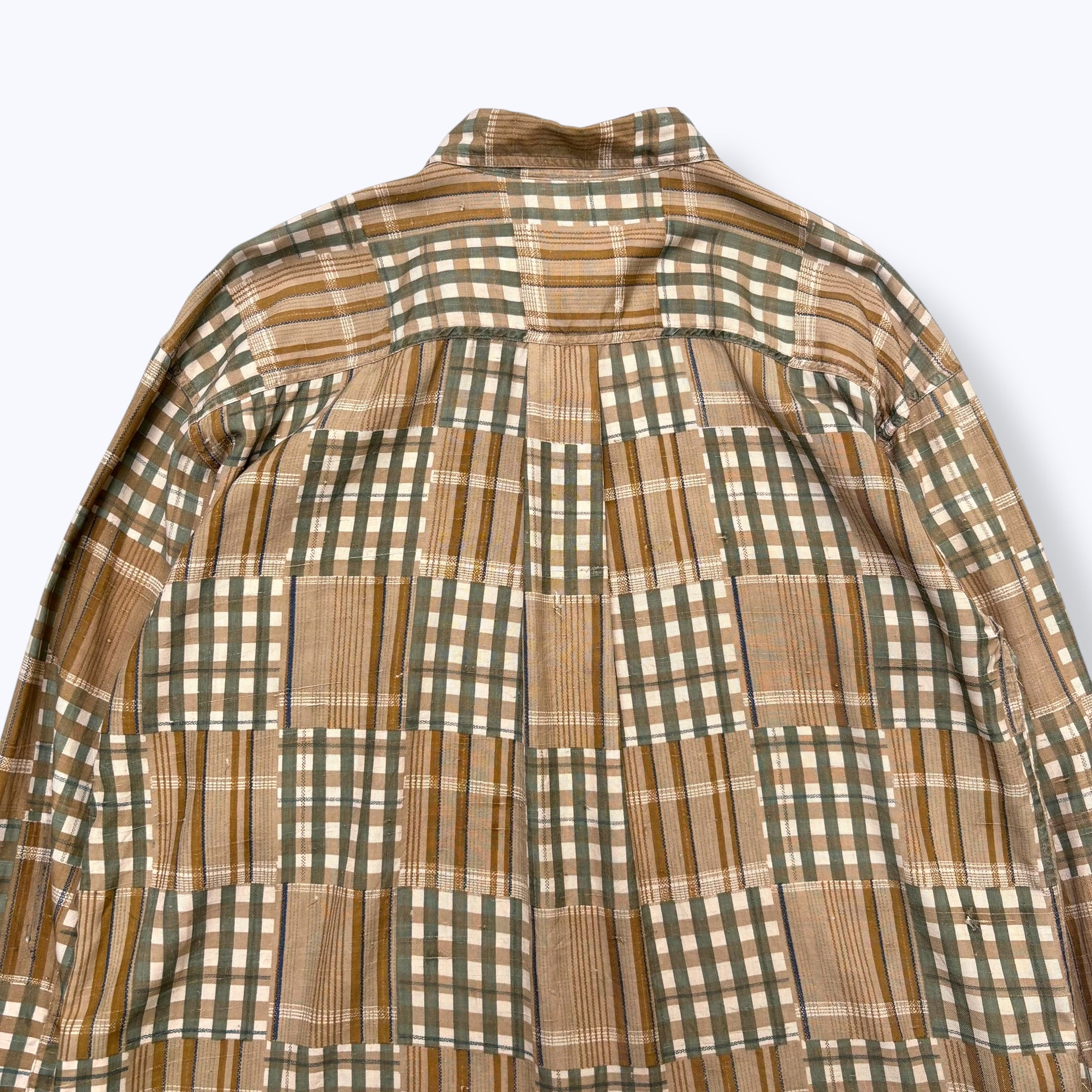 80s~ DEAD STOCK GOOUCH Patchwork Check Silk Shirts 【XL】 80年代