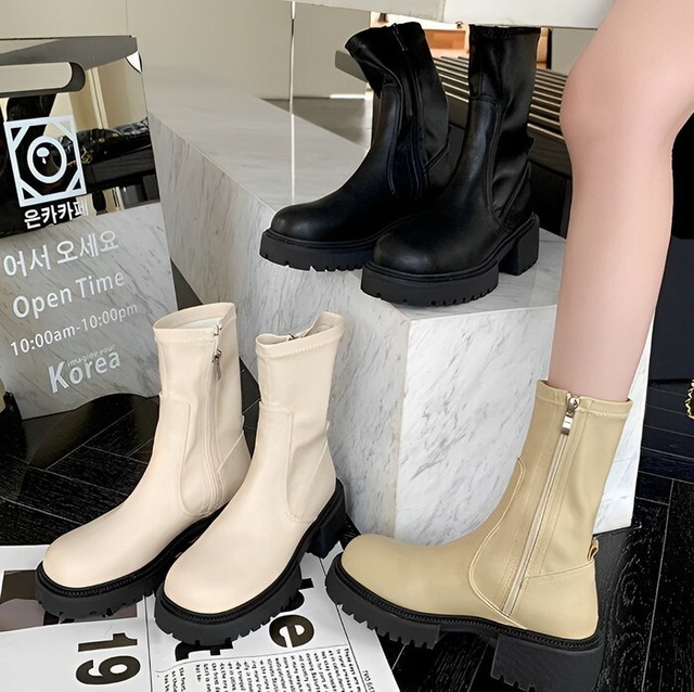 【送料無料】トラックソール ミドル丈ブーツ 靴 シューズ レディース ブーツ ミドルブーツ ラウンドトゥ ボリュームソール フェイクレザー レザー PU 疲れにくい 痛くなりにくい おしゃれ 人気 大人 カジュアル お出かけ 普段使い 韓国 春 秋 冬 22.5 23 23.5 24 24.5 20代 30代 40代 50代 ベージュ ブラック 黒 アイボリー