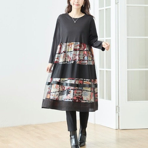 TRUBE ワンピース チュール レイヤード切替 アート柄 N82-869 レッド M L fmsd  ロング丈 ナチュラル ゆったり 体型カバー ミセス   きれいめ  レディース 上品 大人可愛い