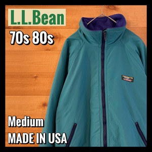 【llbean】70s 80s USA製 ウォームアップジャケット ナイロン ブルゾン ジャンパー フリース 刺繍ロゴ アメリカ古着