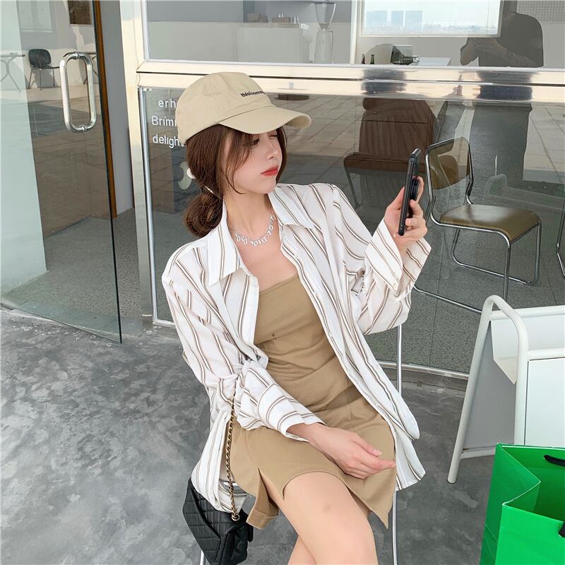 2020年秋新作カジュアルファッションスーツレディースストライプシャツトップサスペンダードレスネットレッドツーピーススーツ ドラファッションホール41993172074