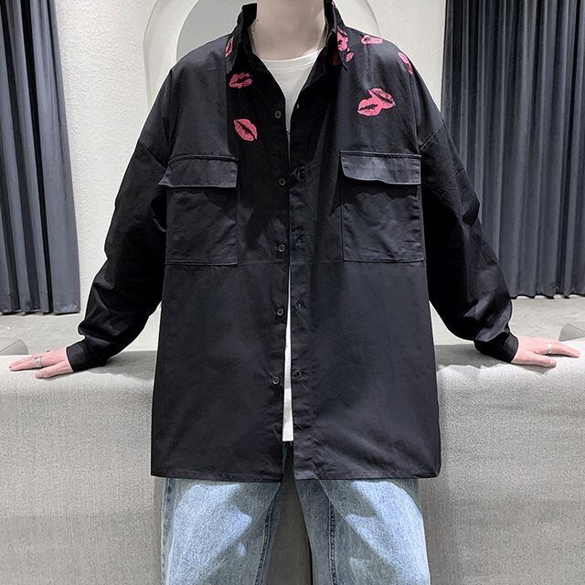 予約販売】シャツ 長袖 メンズ キスマーク kiss ホワイト ブラック