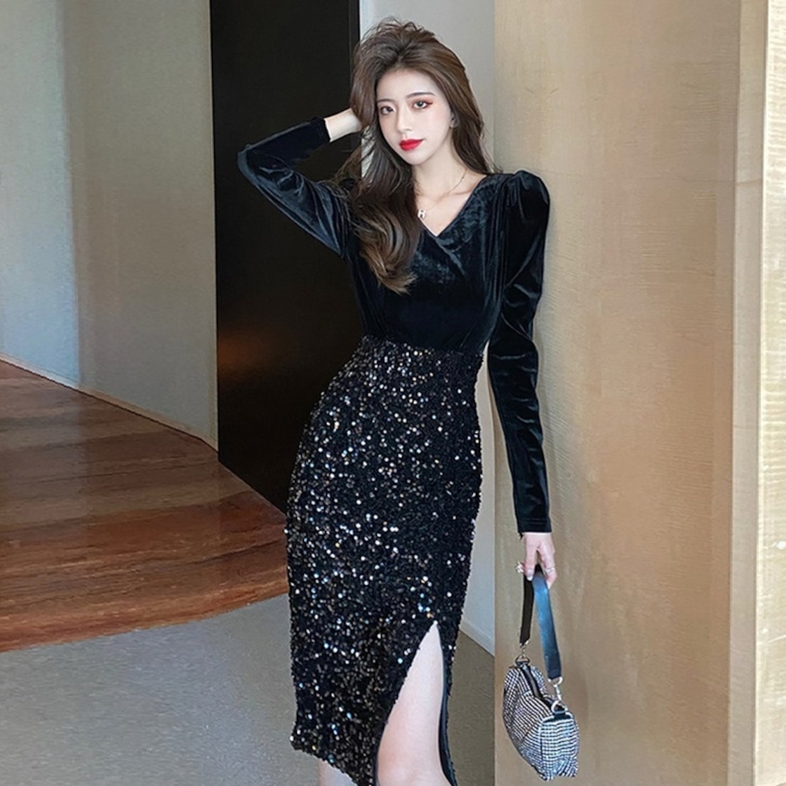 40代 ドレス 結婚式 パーティ ロング 黒 披露宴 ベロア 黒 扱っ 