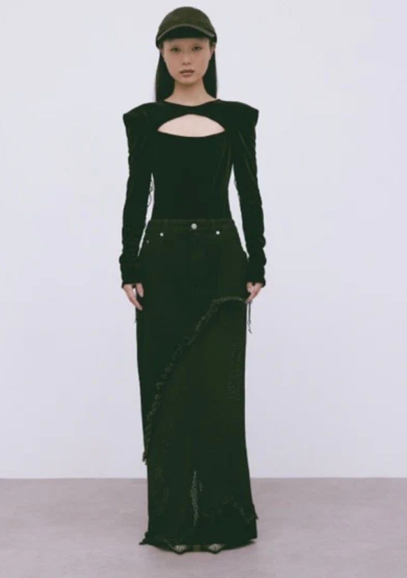 tanaka daisuke lace docking maxi denim skirt | AAR