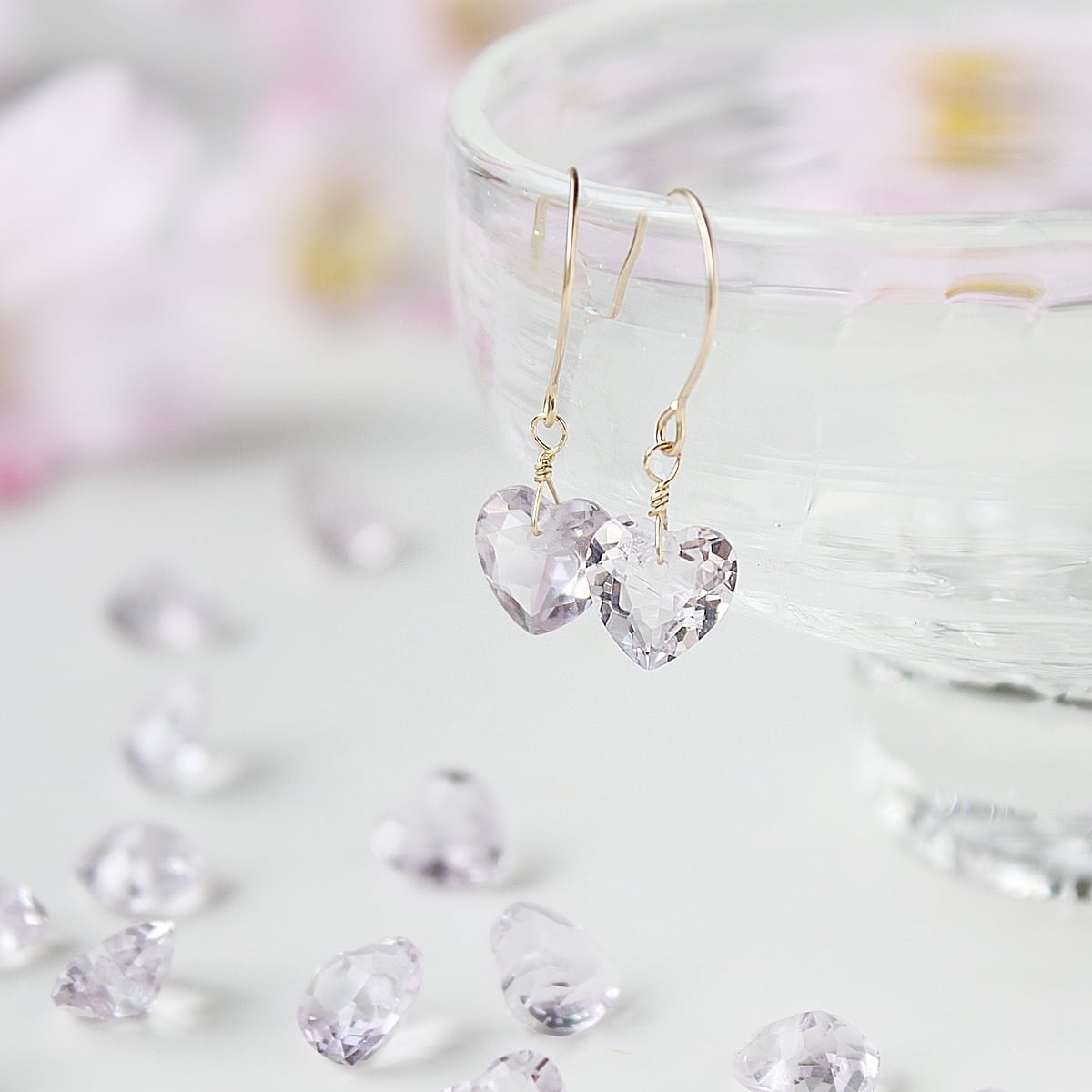 14Kgf｜極上ピンクアメジスト 密やかなハートピアス / イヤリング｜2月