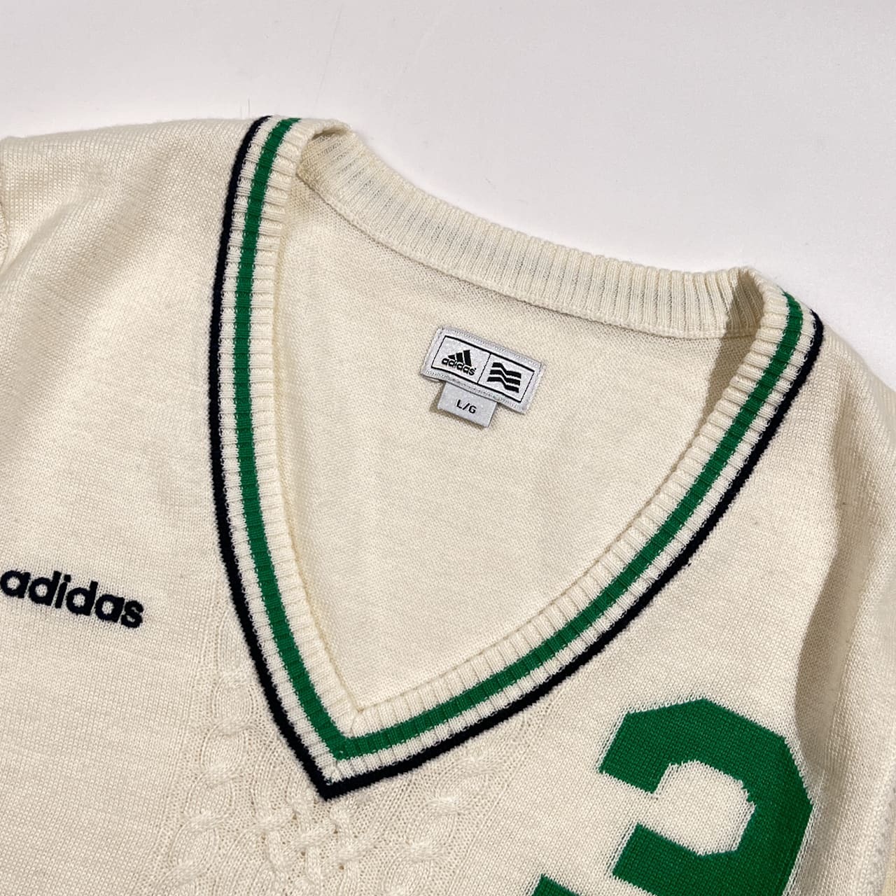 adidas GOLF アディダス ゴルフ Vネック ナンバリング ケーブル編み チルデン ニット セーター L/G /ホワイト系 レディース