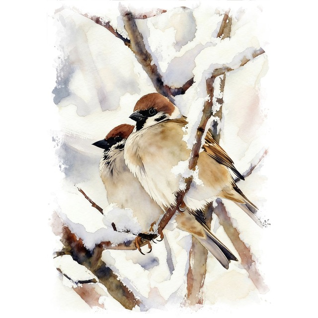 絵画 動物 鳥 冬のスズメ インテリアアート額付き 水彩画・油絵風 WAT1093