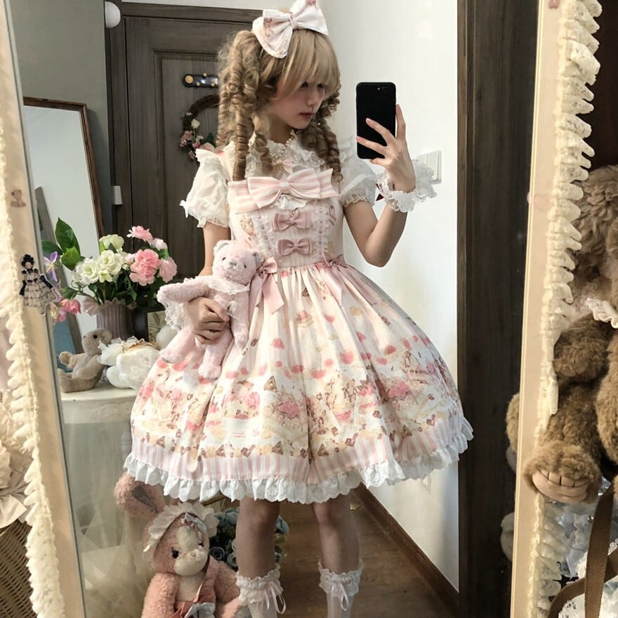 甘ロリ｜リボン装飾フリルジャンパースカート（ピンク）お茶会向け