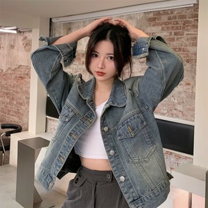 アウター ジャケット 上着 デニムジャケット レディース コート ショート丈 長袖 ドロップショルダー 襟付き ポケット  デニム ブルーデニム カジュアル 大人 おしゃれ レトロ クール 春 秋 冬 デート お出かけ 休日 アウトドア 旅行 普段使い 定番 送料無料 S M L