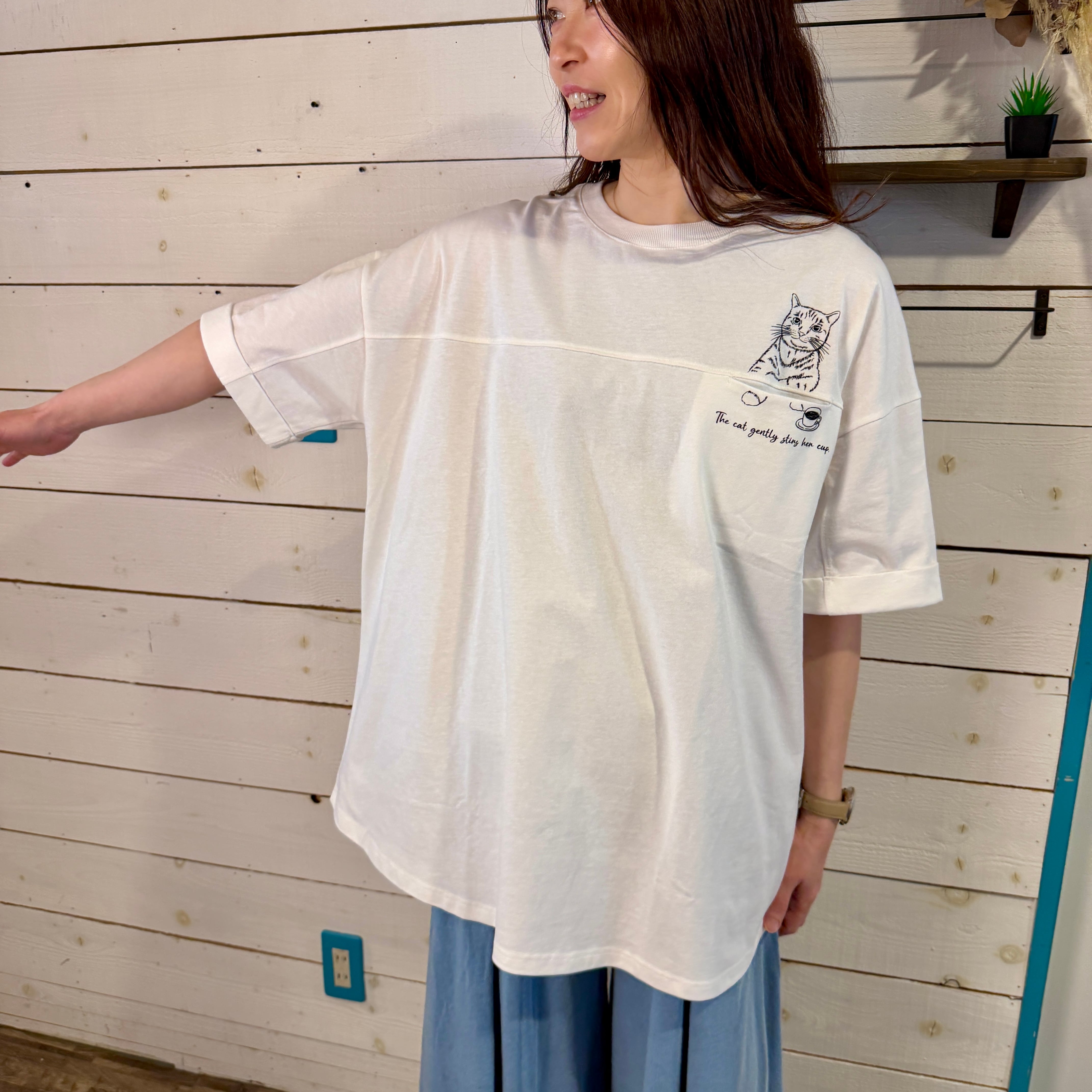 『People's』2943  天竺切替ポケットネコTシャツ　フリーサイズ