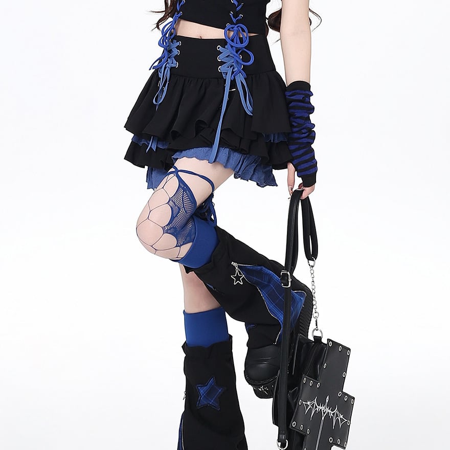 サブカル系 レースアップミニスカート 黒青