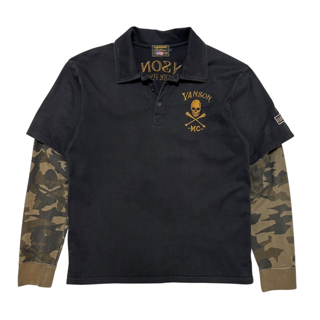 古着 バンソン VANSON 長袖 ポロシャツ フェイクレイヤード クロスボーン スカル 刺繍 迷彩 クリーニング済み メンズL