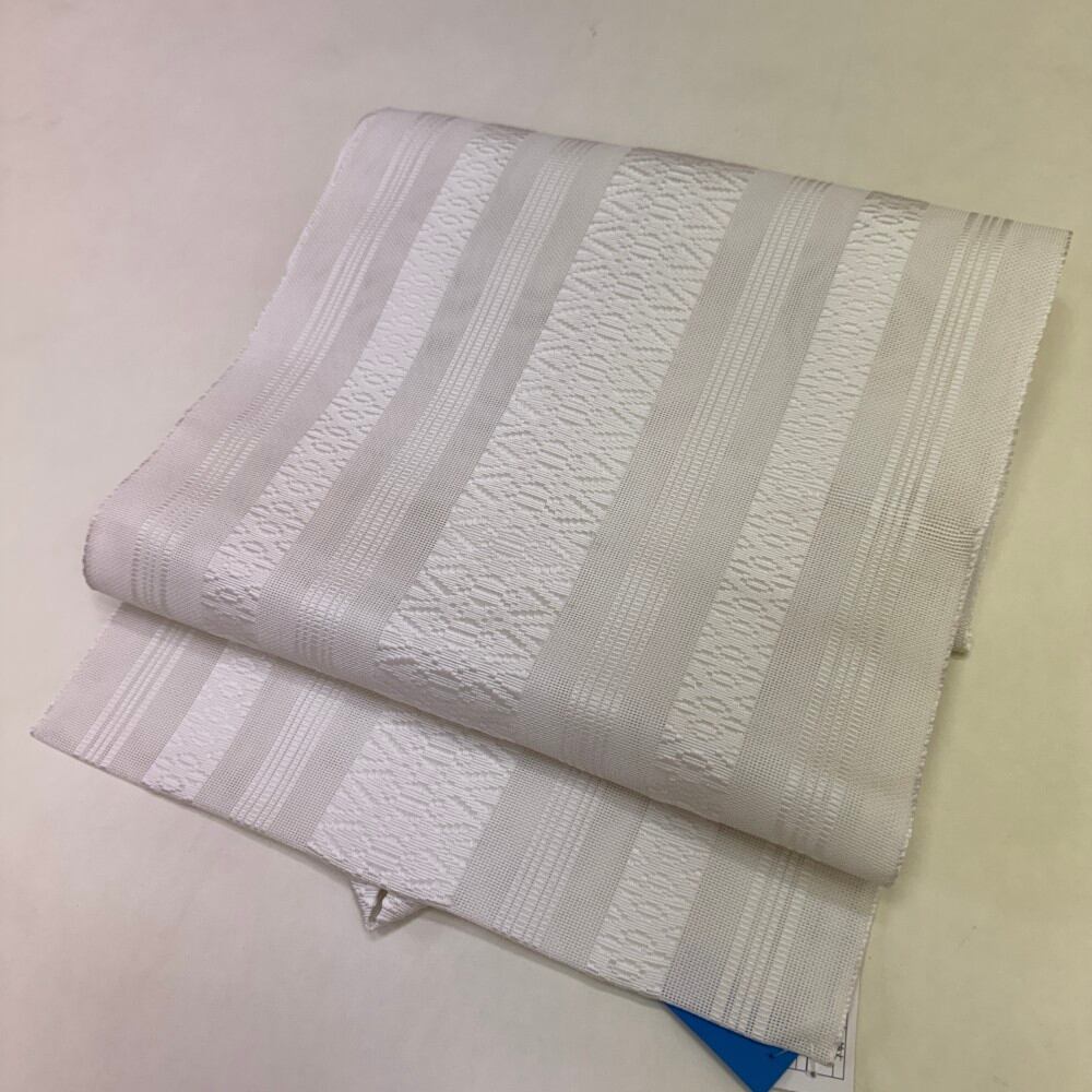 夏名古屋帯 名古屋帯 夏用 中古 長さ350cm 白 リサイクル 全体柄 普段着 お洒落着 ポリエステル 6024
